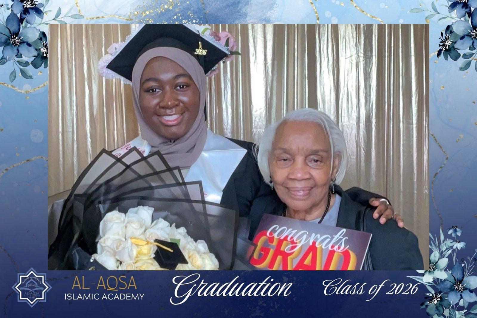 Framed graduation print with a custom blue floral template from a school ceremony photo booth