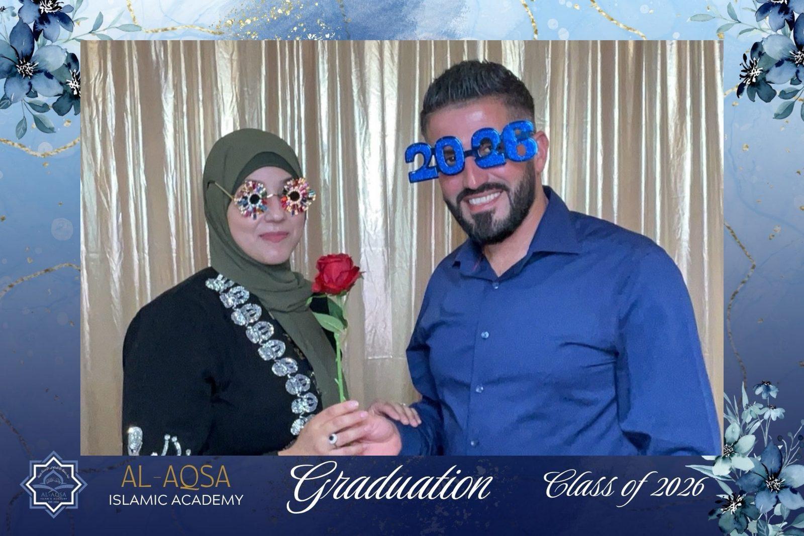 Custom graduation photo booth print template with a couple wearing 2026 novelty glasses